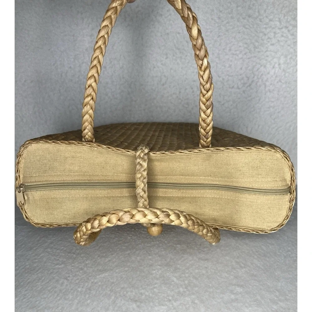 Vintage Handwoven Straw Wicker Purse Market Tote Bag Wooden Rattan Boho Beach